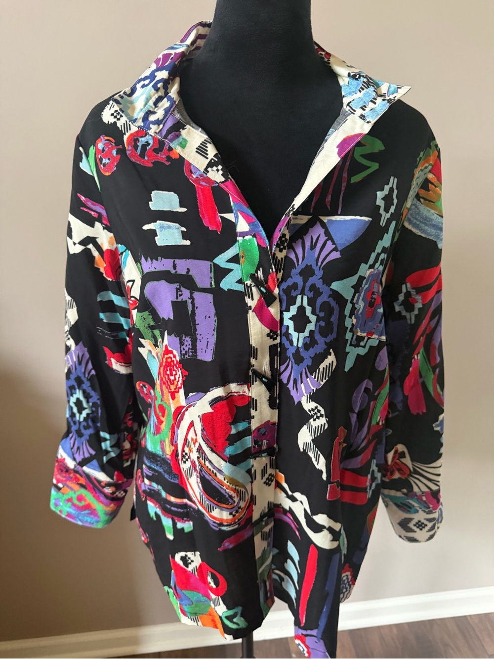 Ali Miles NEW Black Multicolor Abstract Button-Up Shirt 3/4 Sleeves MED